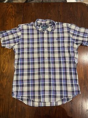 Ralph Lauren Shirt Men's L Custom Fit Blue Plaid Short Sleeve Button Down BUTTON
